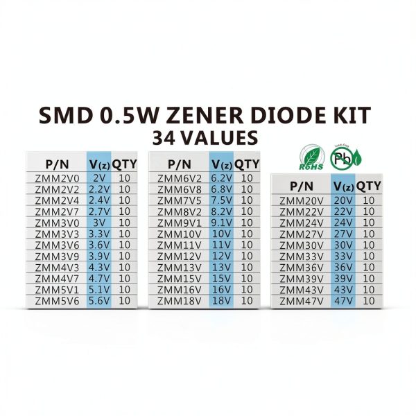 Zener Diode Assortment Kit 34 Values 0.5W SMD by CHANZON – 340 Pieces-1