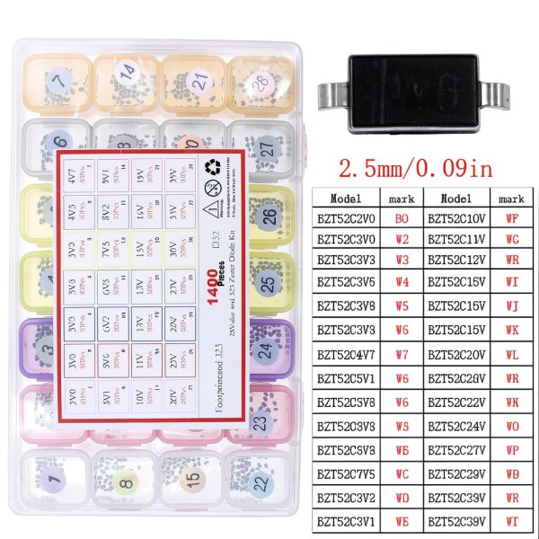 onekit 1400pcs 28Value SOD-323 Zener Diode Assortment Kit 2V-39V-5