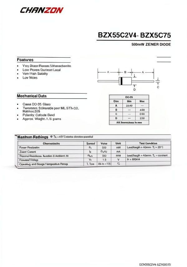 (Pack of 100 Pieces) Chanzon BZX55C4V3 (1N5229B) Zener Diode 0.5W 4.3V DO-35 (DO-204AH) Axial Diodes 0.5 Watt 4.3 Volt-1