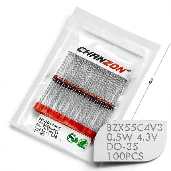 (Pack of 100 Pieces) Chanzon BZX55C4V3 (1N5229B) Zener Diode 0.5W 4.3V DO-35 (DO-204AH) Axial Diodes 0.5 Watt 4.3 Volt-0